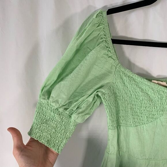 Showpo Mini Dress Women's 2 Green Puff Short Sleeve Square Neck Short Smocked - Picture 3 of 7